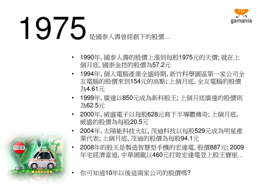 1975 是國泰人壽曾經創下的股價… 1990年, 國泰人壽的股價上漲到每股1975元的天價; 就在上個月底, 國泰金控的股價為57.2元