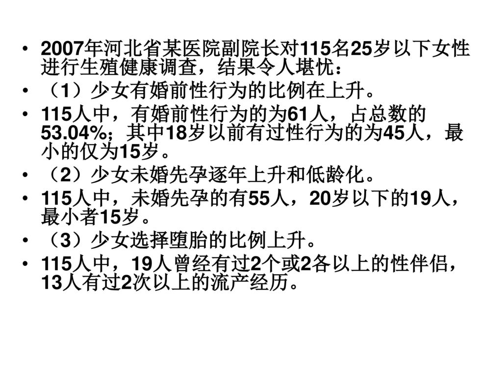 2007年河北省某医院副院长对115名25岁以下女性进行生殖健康调查，结果令人堪忧：