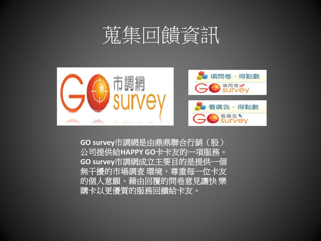 蒐集回饋資訊 GO survey市調網是由鼎鼎聯合行銷（股）公司提供給HAPPY GO卡卡友的一項服務。