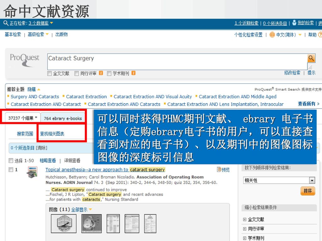命中文献资源 可以同时获得PHMC期刊文献、 ebrary 电子书信息（定购ebrary电子书的用户，可以直接查看到对应的电子书）、以及期刊中的图像图标图像的深度标引信息 46
