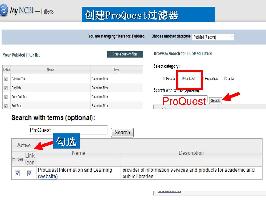 创建ProQuest过滤器 ProQuest 勾选
