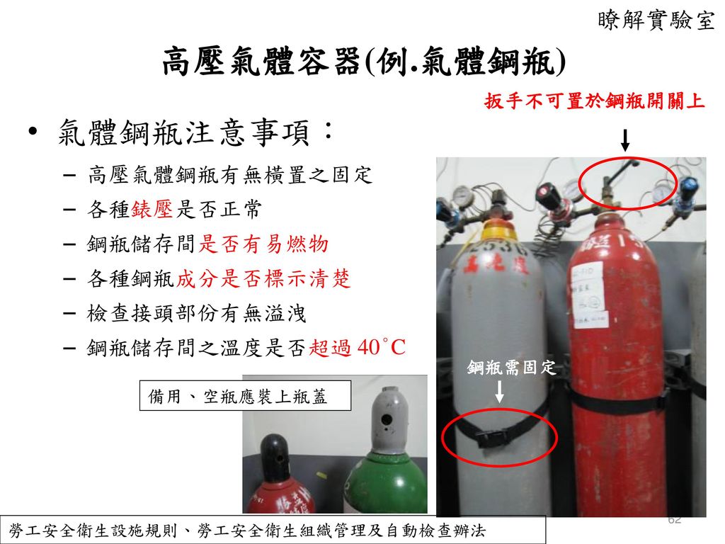 高壓氣體容器(例.氣體鋼瓶) 氣體鋼瓶注意事項： 瞭解實驗室 高壓氣體鋼瓶有無橫置之固定 各種錶壓是否正常 鋼瓶儲存間是否有易燃物