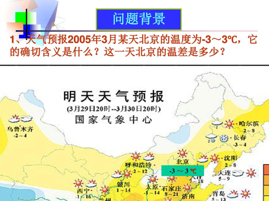 问题背景 1、天气预报2005年3月某天北京的温度为-3～3℃，它的确切含义是什么？这一天北京的温差是多少？ -3 ～ 3 ℃