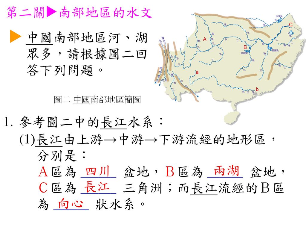 中國南部地區河、湖 眾多，請根據圖二回 答下列問題。