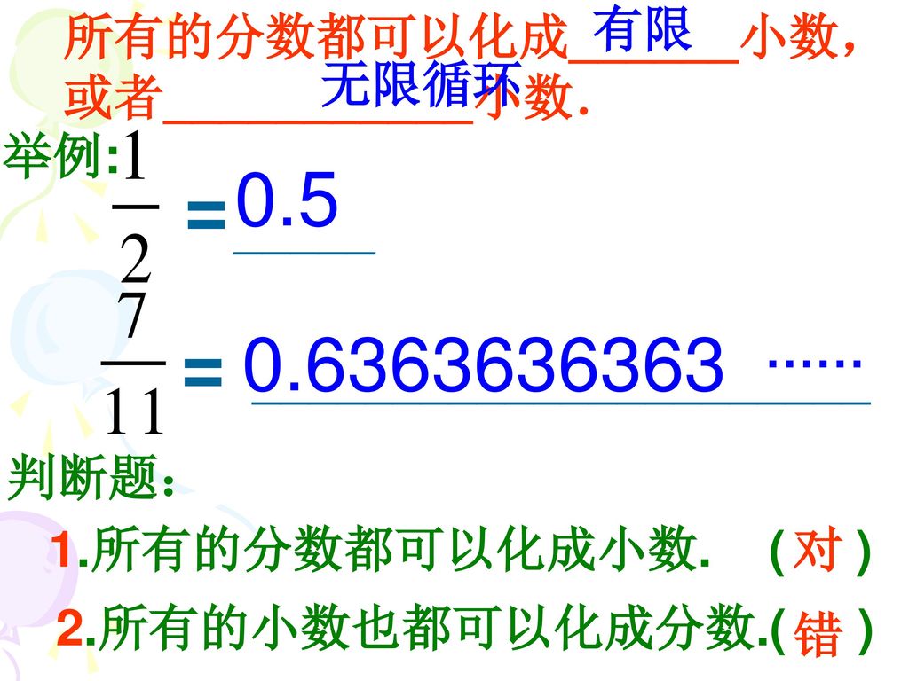 0.5 = 有限 所有的分数都可以化成______小数，或者___________小数． 无限循环 举例:
