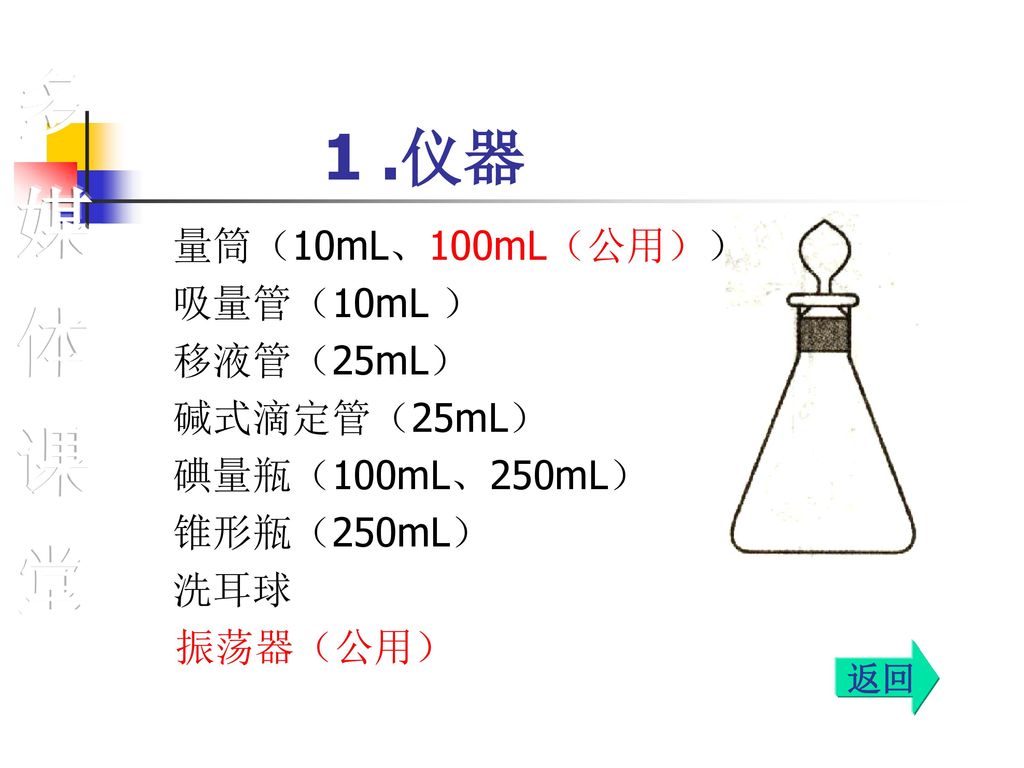 多媒体课堂 1 .仪器 量筒（10mL、100mL（公用）） 吸量管（10mL ） 移液管（25mL） 碱式滴定管（25mL）
