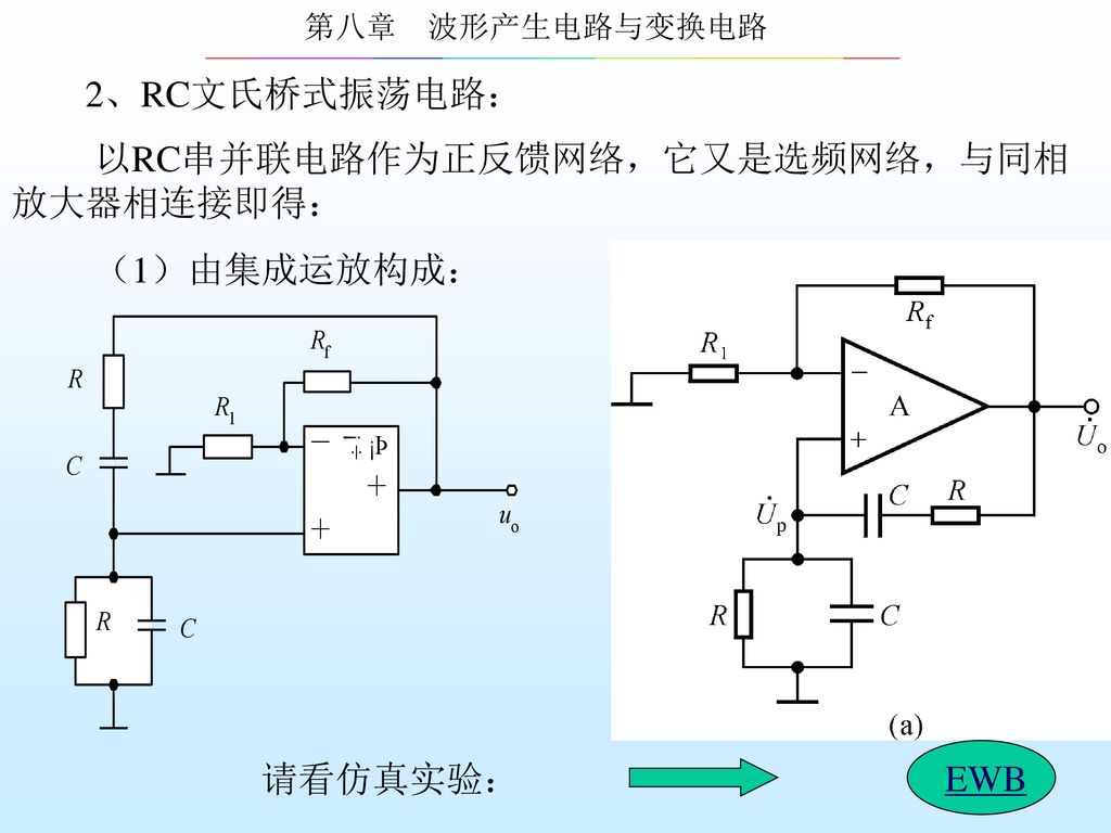 2、RC文氏桥式振荡电路： 以RC串并联电路作为正反馈网络，它又是选频网络，与同相放大器相连接即得： （1）由集成运放构成： 请看仿真实验： EWB