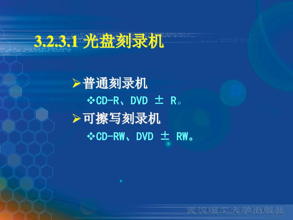 光盘刻录机 普通刻录机 CD-R、DVD ± R。 可擦写刻录机 CD-RW、DVD ± RW。