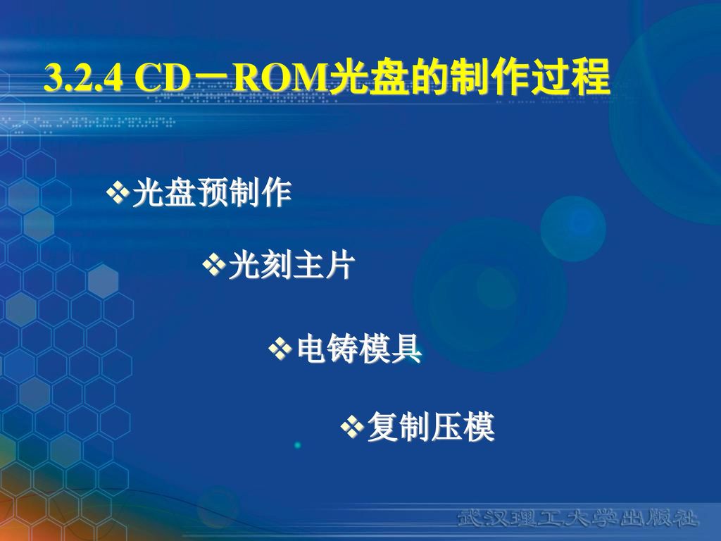 3.2.4 CD－ROM光盘的制作过程 光盘预制作 光刻主片 电铸模具 复制压模