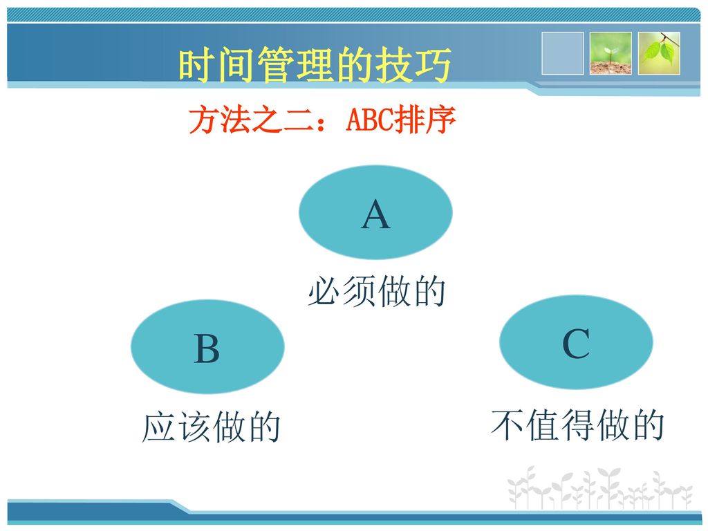 时间管理的技巧 方法之二：ABC排序 A B C 必须做的 应该做的 不值得做的