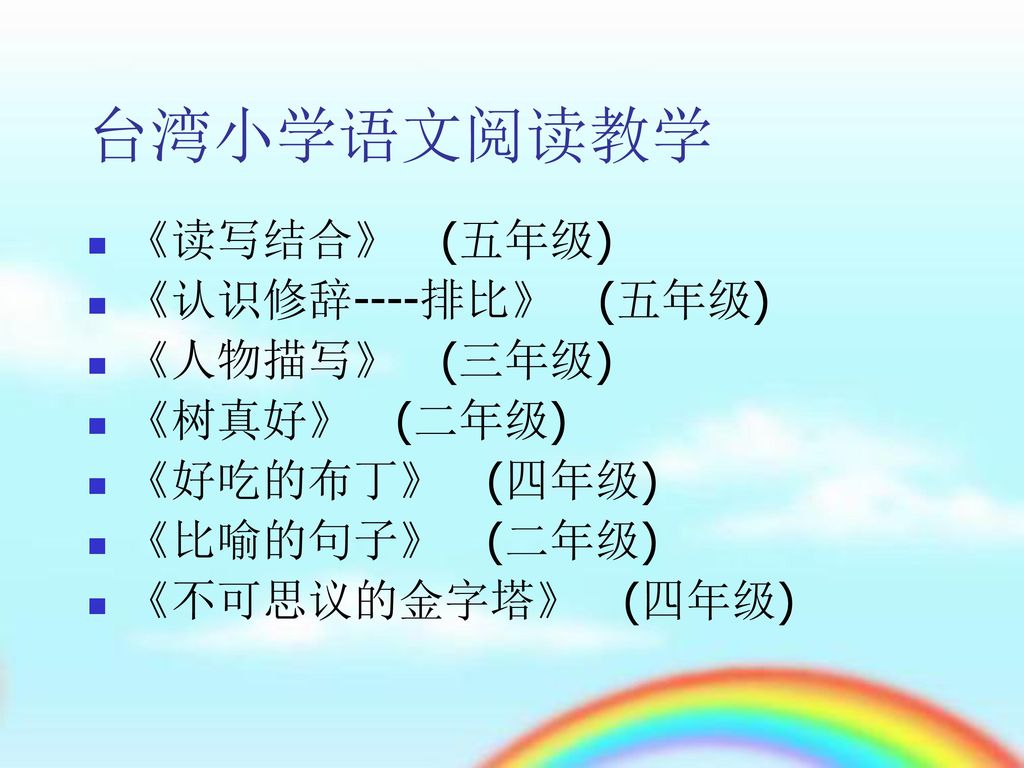 台湾小学语文阅读教学 《读写结合》 (五年级) 《认识修辞----排比》 (五年级) 《人物描写》 (三年级) 《树真好》 (二年级)