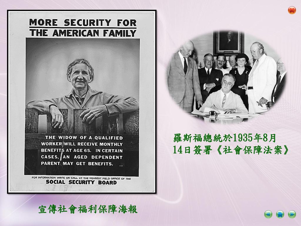 羅斯福總統於1935年8月14日簽署《社會保障法案》 宣傳社會福利保障海報