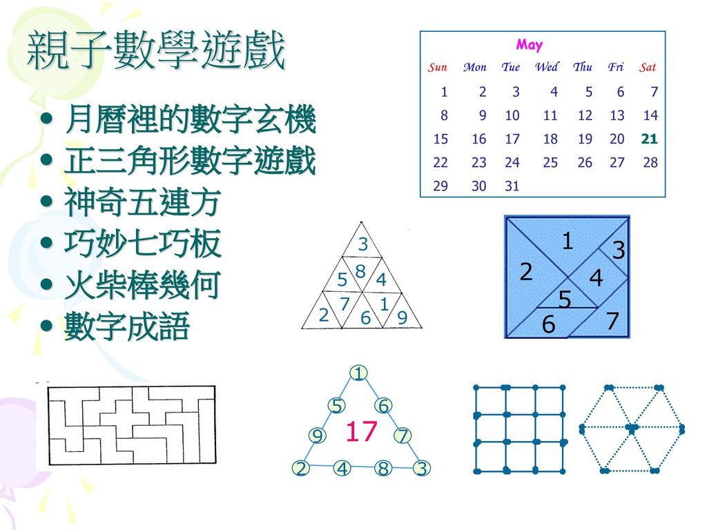 親子數學遊戲 月曆裡的數字玄機 正三角形數字遊戲 神奇五連方 巧妙七巧板 火柴棒幾何 數字成語