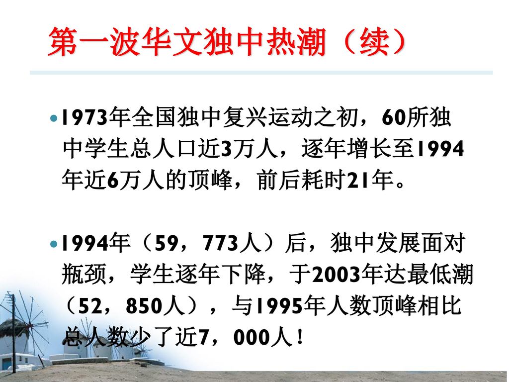 第一波华文独中热潮（续） 1973年全国独中复兴运动之初，60所独 中学生总人口近3万人，逐年增长至1994