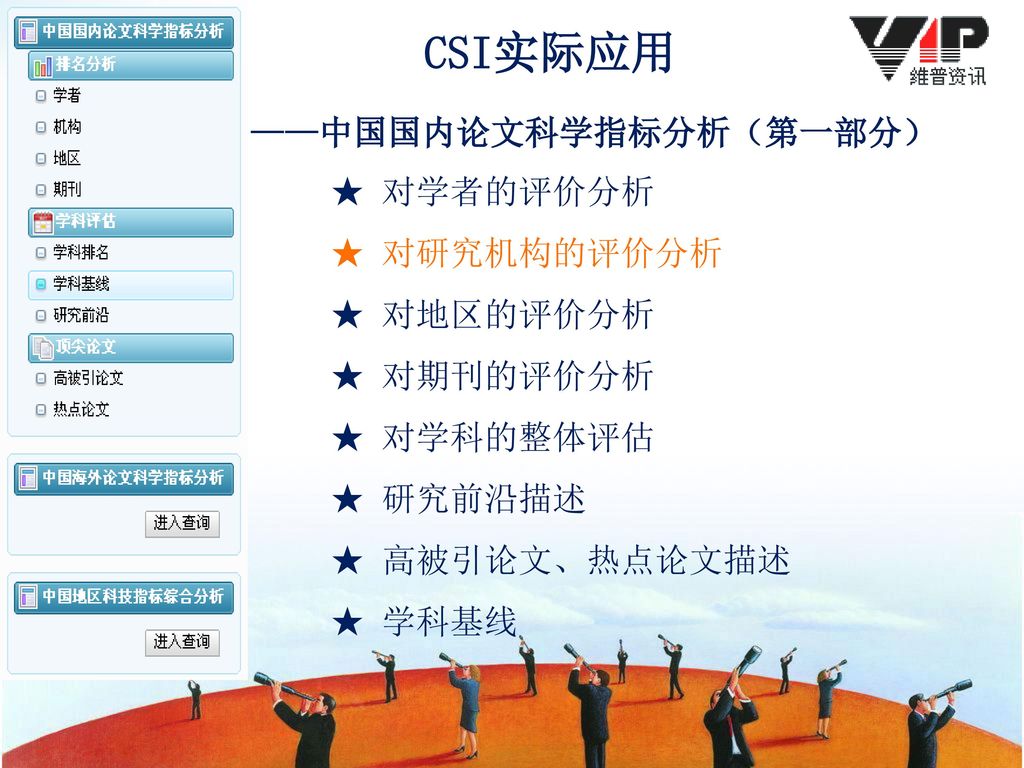 CSI实际应用􀂃 ——中国国内论文科学指标分析（第一部分） ★ 对学者的评价分析 ★ 对研究机构的评价分析 ★ 对地区的评价分析