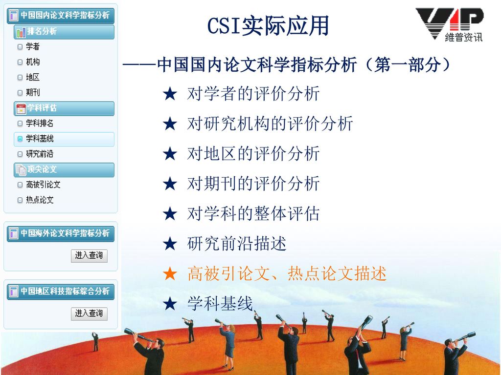 CSI实际应用􀂃 ——中国国内论文科学指标分析（第一部分） ★ 对学者的评价分析 ★ 对研究机构的评价分析 ★ 对地区的评价分析