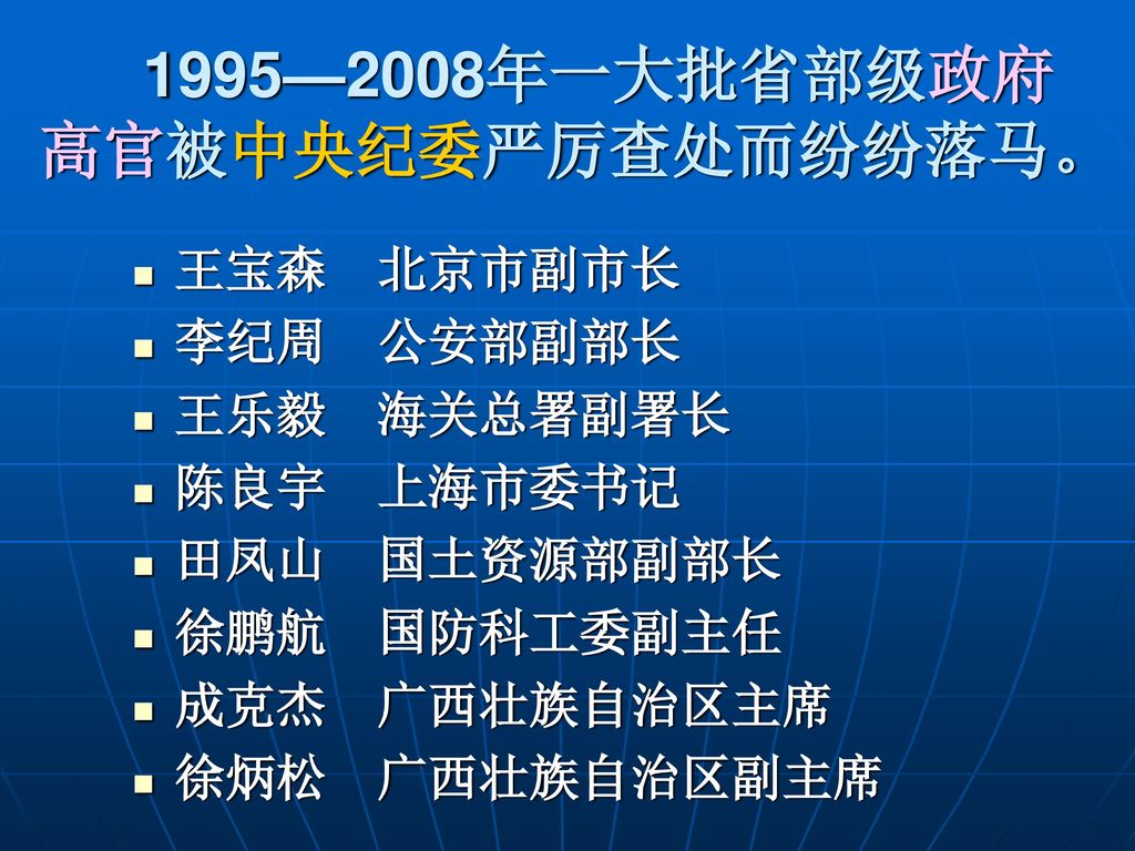 1995—2008年一大批省部级政府高官被中央纪委严厉查处而纷纷落马。