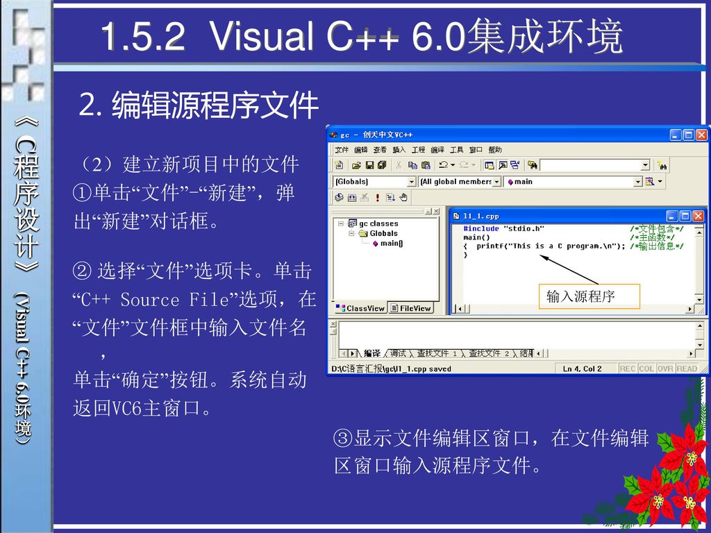 1.5.2 Visual C++ 6.0集成环境 2. 编辑源程序文件 《 C程序设计》 (Visual C++ 6.0环境）