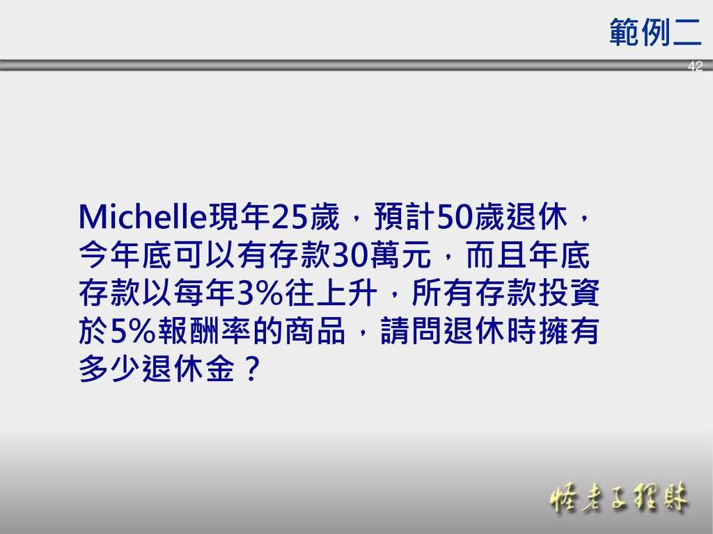 範例二 Michelle現年25歲，預計50歲退休，今年底可以有存款30萬元，而且年底存款以每年3%往上升，所有存款投資於5%報酬率的商品，請問退休時擁有多少退休金？