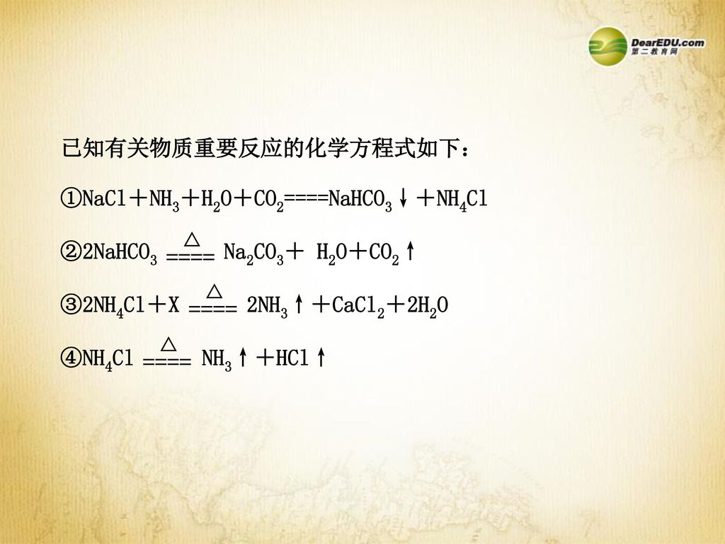 ==== ==== ==== 已知有关物质重要反应的化学方程式如下： ①NaCl＋NH3＋H2O＋CO2====NaHCO3↓＋NH4Cl