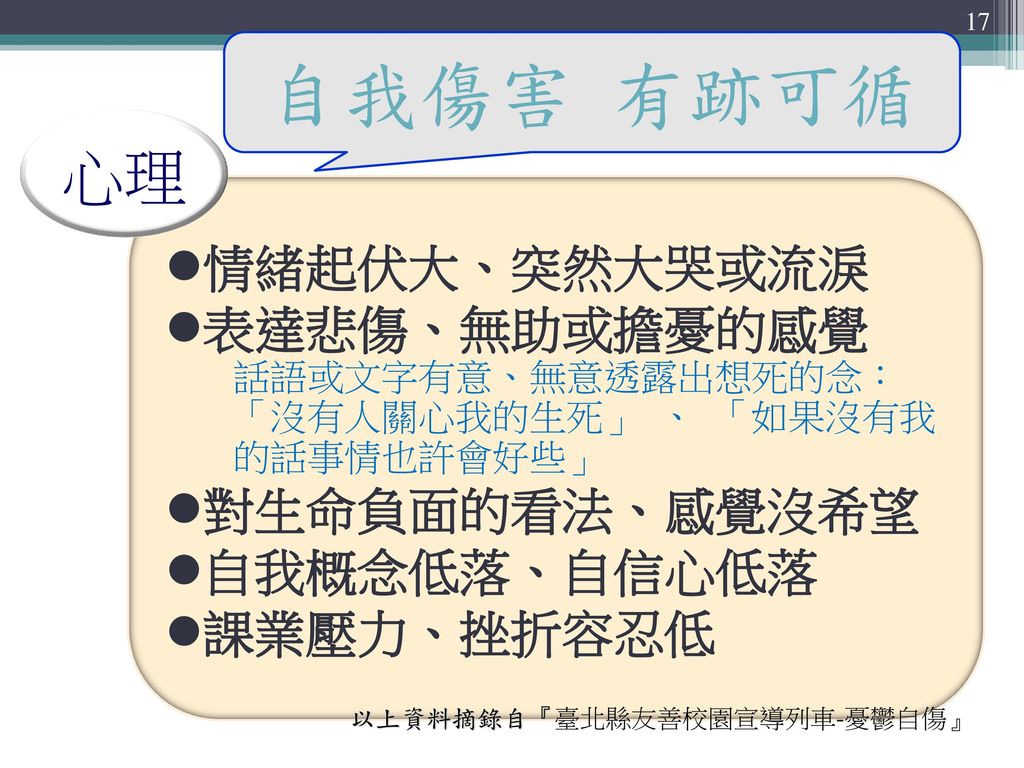 以上資料摘錄自『臺北縣友善校園宣導列車-憂鬱自傷』