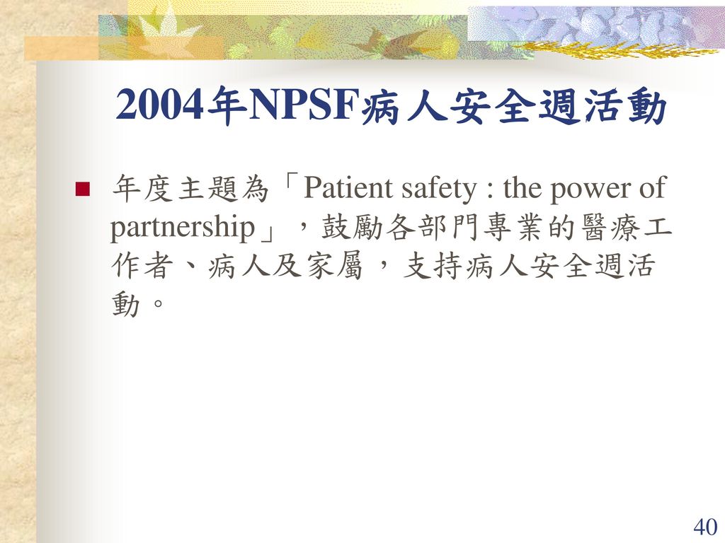 2004年NPSF病人安全週活動 年度主題為「Patient safety : the power of partnership」，鼓勵各部門專業的醫療工作者、病人及家屬，支持病人安全週活動。