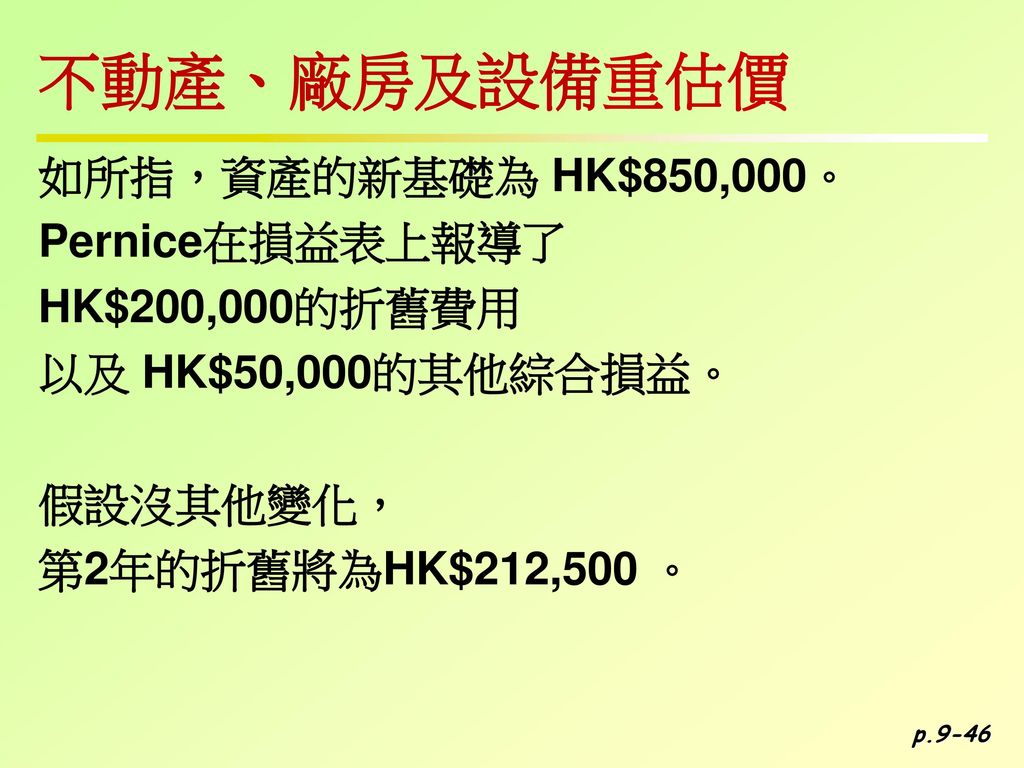 不動產、廠房及設備重估價 如所指，資產的新基礎為 HK$850,000。 Pernice在損益表上報導了 HK$200,000的折舊費用