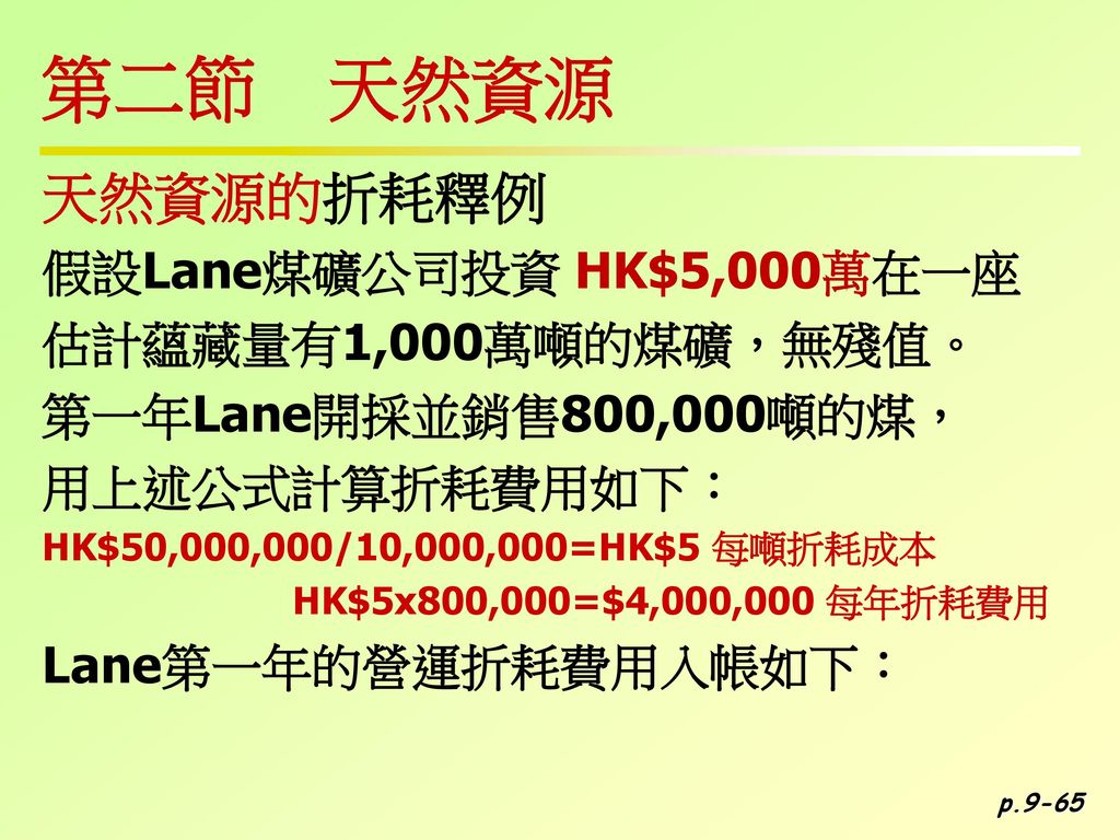 第二節 天然資源 天然資源的折耗釋例 假設Lane煤礦公司投資 HK$5,000萬在一座 估計蘊藏量有1,000萬噸的煤礦，無殘值。