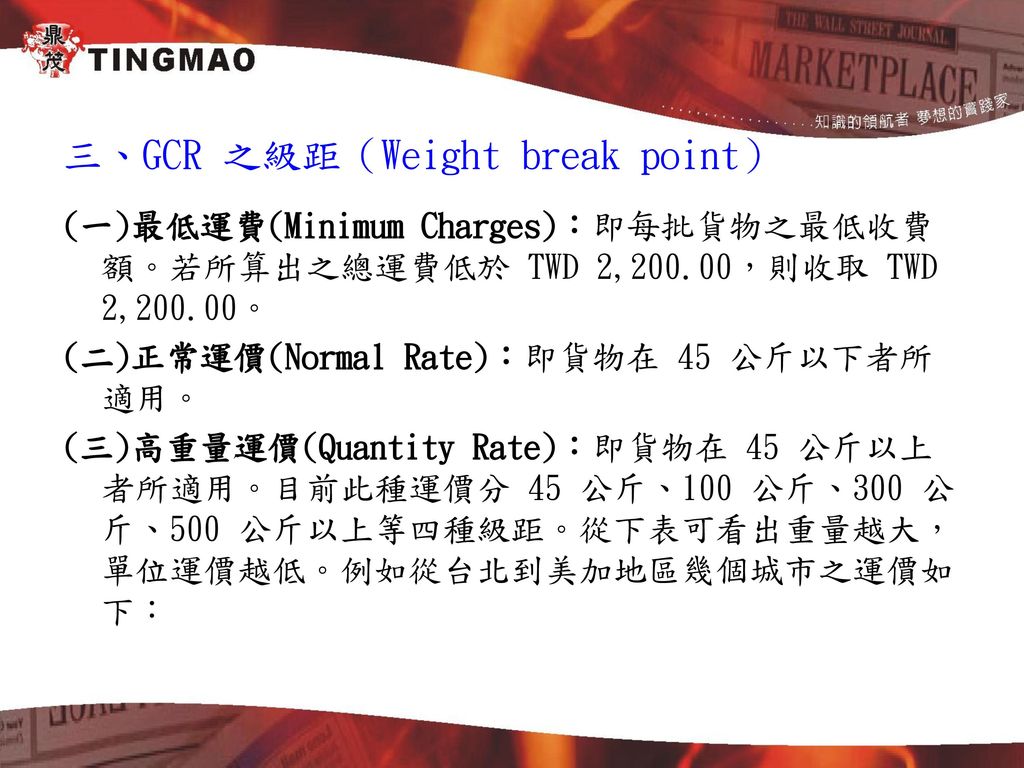 三、GCR 之級距（Weight break point）