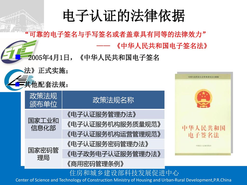 电子认证的法律依据 2005年4月1日，《中华人民共和国电子签名法》正式实施； 可靠的电子签名与手写签名或者盖章具有同等的法律效力