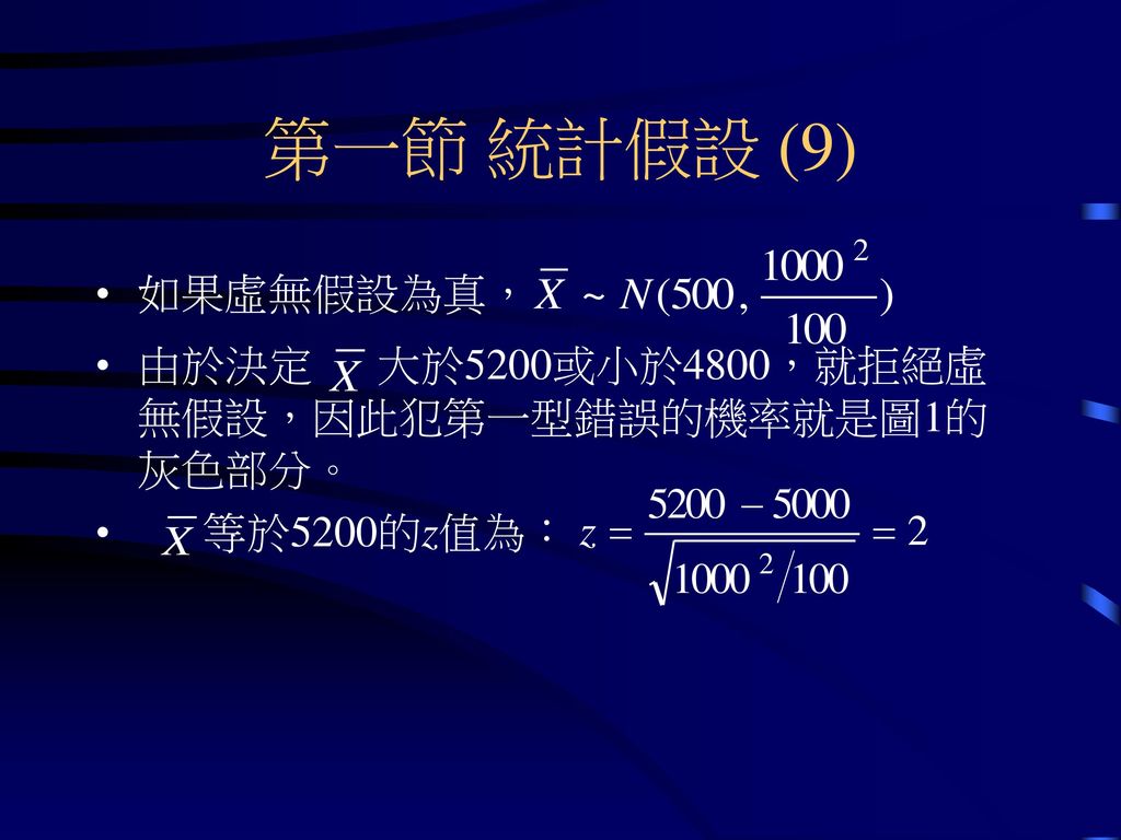 第一節 統計假設 (9) 如果虛無假設為真， 由於決定 大於5200或小於4800，就拒絕虛無假設，因此犯第一型錯誤的機率就是圖1的灰色部分。 等於5200的z值為：