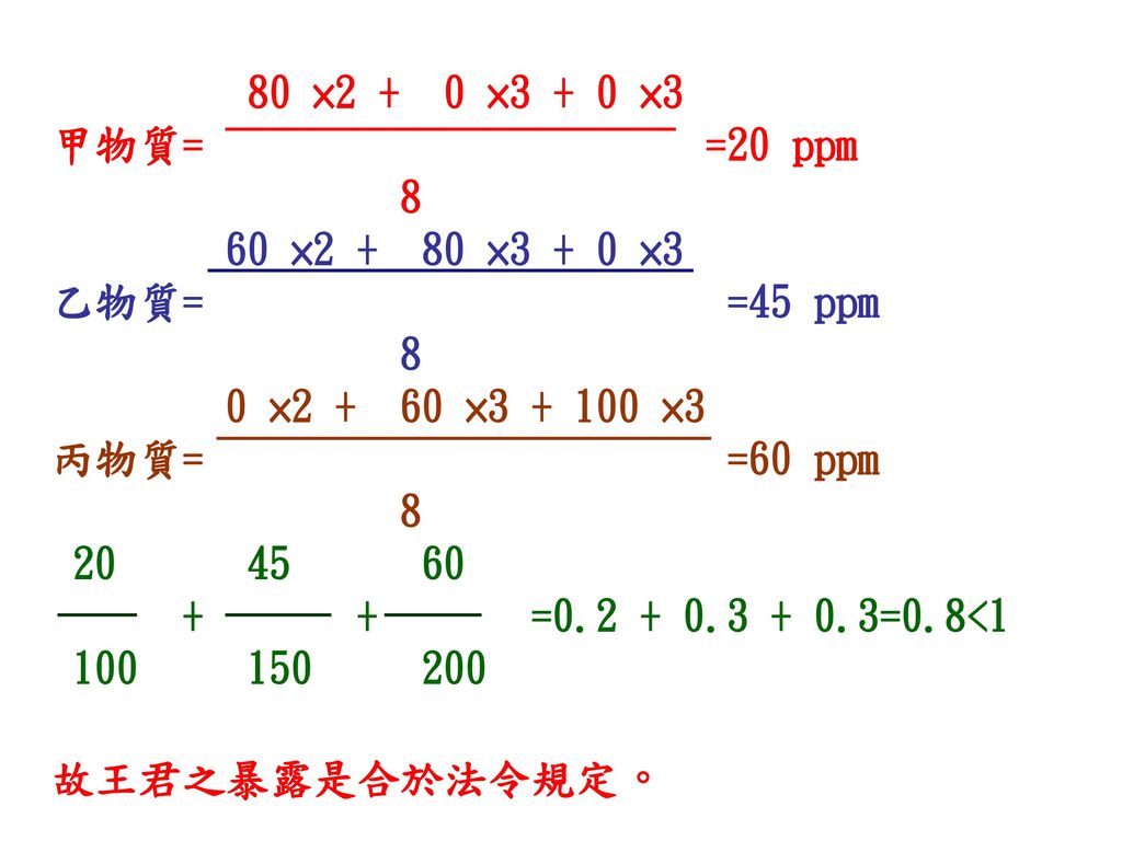 80 ×2 + 0 ×3 + 0 ×3 甲物質= =20 ppm × ×3 + 0 ×3. 乙物質= =45 ppm.