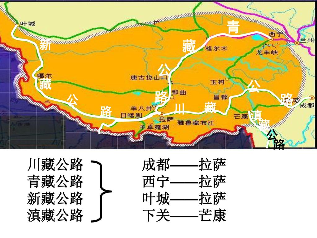 青 藏 公 路 新 滇 川 川藏公路 青藏公路 新藏公路 滇藏公路 成都——拉萨 西宁——拉萨 叶城——拉萨 下关——芒康