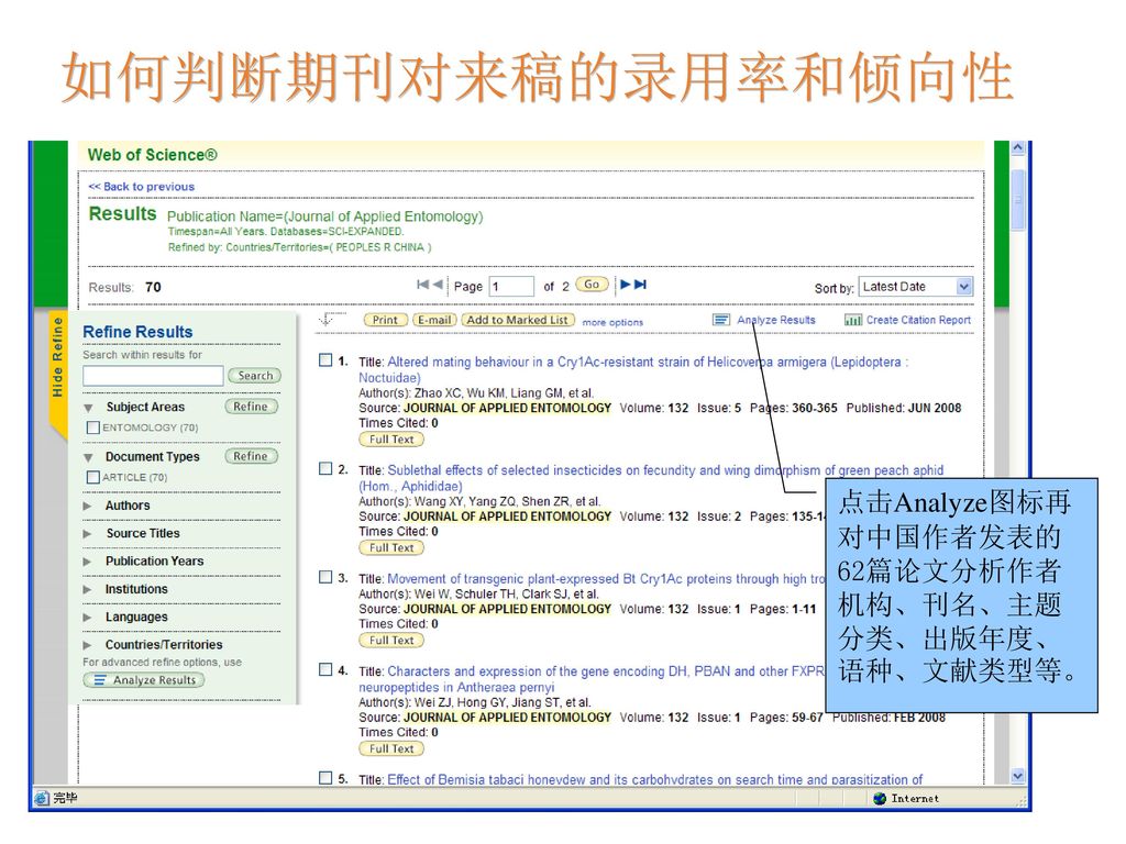 如何判断期刊对来稿的录用率和倾向性 点击Analyze图标再对中国作者发表的62篇论文分析作者机构、刊名、主题分类、出版年度、语种、文献类型等。