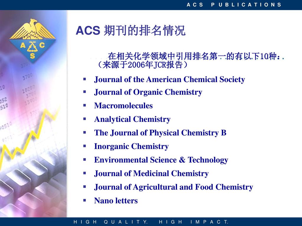 ACS 期刊的排名情况 在相关化学领域中引用排名第一的有以下10种：（来源于2006年JCR报告）