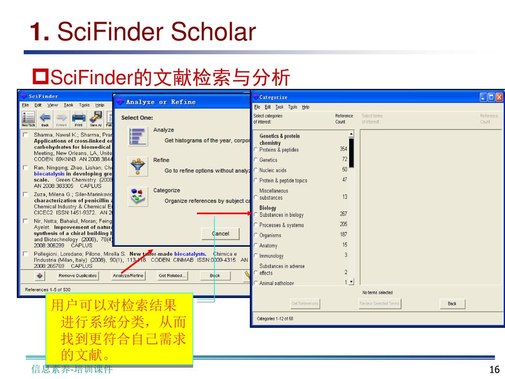 1. SciFinder Scholar SciFinder的文献检索与分析 用户可以对检索结果进行系统分类，从而找到更符合自己需求的文献。