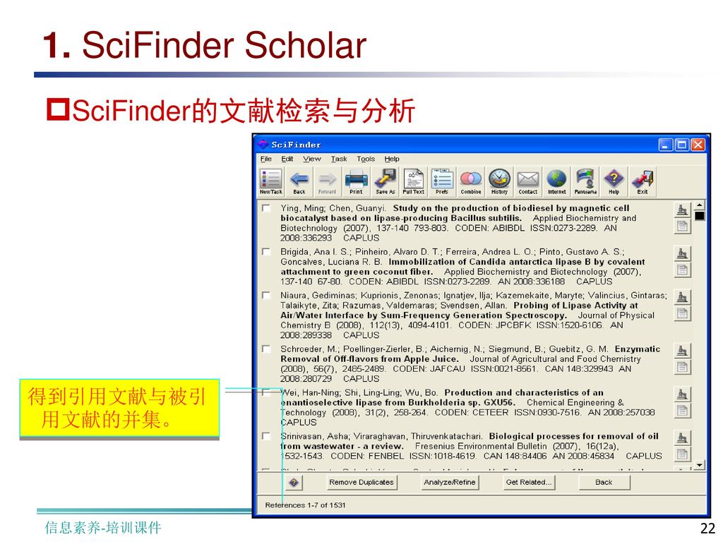 1. SciFinder Scholar SciFinder的文献检索与分析 得到引用文献与被引用文献的并集。 信息素养-培训课件