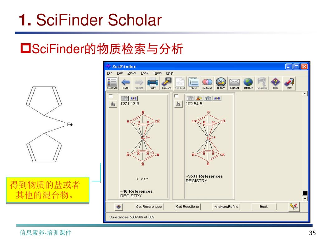 1. SciFinder Scholar SciFinder的物质检索与分析 得到物质的盐或者其他的混合物。 信息素养-培训课件