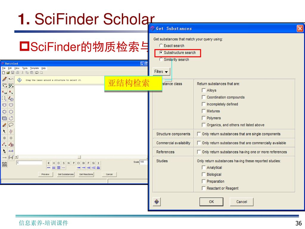 1. SciFinder Scholar SciFinder的物质检索与分析 亚结构检索 信息素养-培训课件