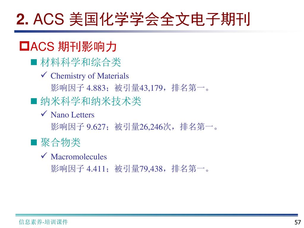 2. ACS 美国化学学会全文电子期刊 ACS 期刊影响力 材料科学和综合类 纳米科学和纳米技术类 聚合物类