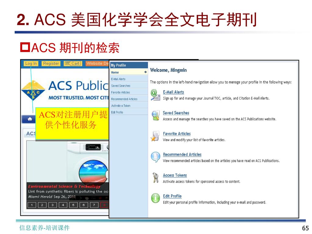 2. ACS 美国化学学会全文电子期刊 ACS 期刊的检索 ACS对注册用户提供个性化服务 信息素养-培训课件