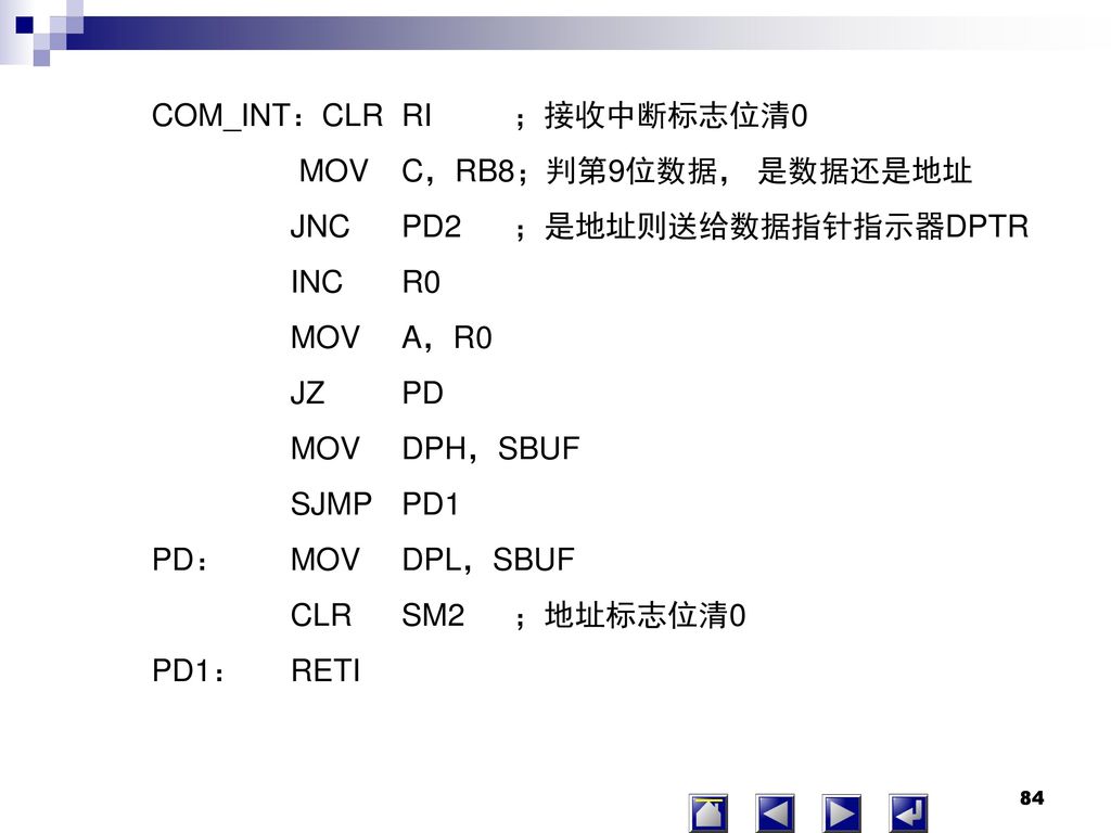 COM_INT：CLR RI ；接收中断标志位清0 MOV C，RB8；判第9位数据， 是数据还是地址 JNC PD2 ；是地址则送给数据指针指示器DPTR INC R0 MOV A，R0 JZ PD MOV DPH，SBUF SJMP PD1 PD： MOV DPL，SBUF CLR SM2 ；地址标志位清0 PD1： RETI