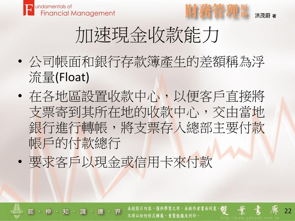 加速現金收款能力 公司帳面和銀行存款簿產生的差額稱為浮流量(Float)