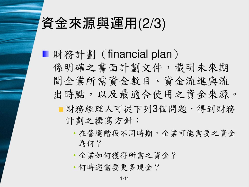 資金來源與運用(2/3) 財務計劃（financial plan） 係明確之書面計劃文件，載明未來期間企業所需資金數目、資金流進與流出時點，以及最適合使用之資金來源。 財務經理人可從下列3個問題，得到財務計劃之撰寫方針：