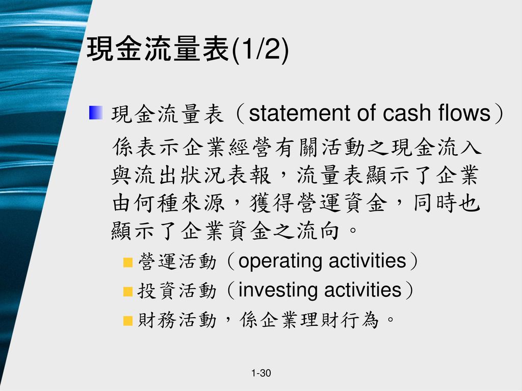 現金流量表(1/2) 現金流量表（statement of cash flows）