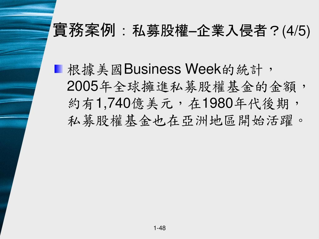 實務案例：私募股權–企業入侵者？(4/5) 根據美國Business Week的統計，2005年全球擁進私募股權基金的金額，約有1,740億美元，在1980年代後期，私募股權基金也在亞洲地區開始活躍。