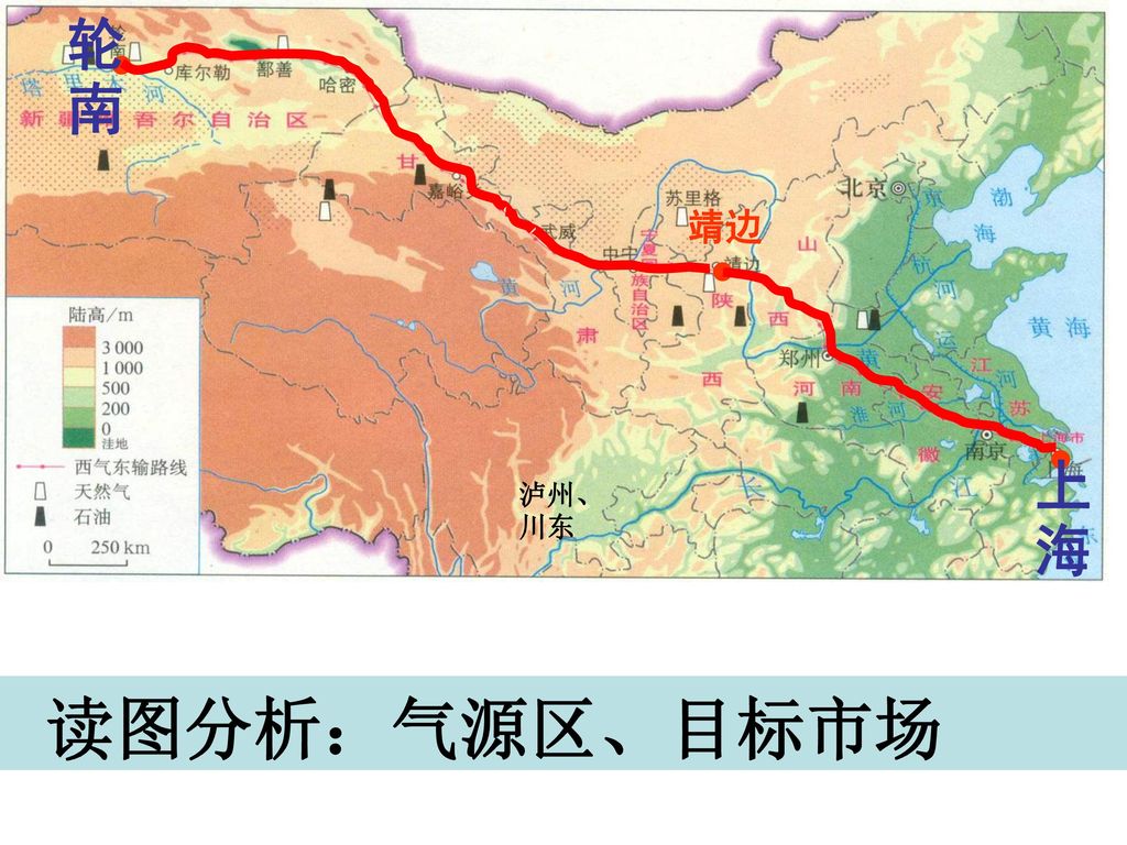 轮南 靖边 上海 泸州、川东 读图分析：气源区、目标市场 西气东输线路示意