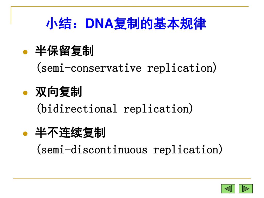小结：DNA复制的基本规律 半保留复制 (semi-conservative replication)