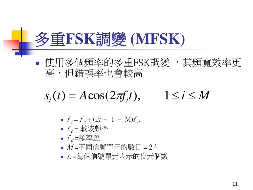 多重FSK調變 (MFSK) 使用多個頻率的多重FSK調變 ，其頻寬效率更高，但錯誤率也會較高