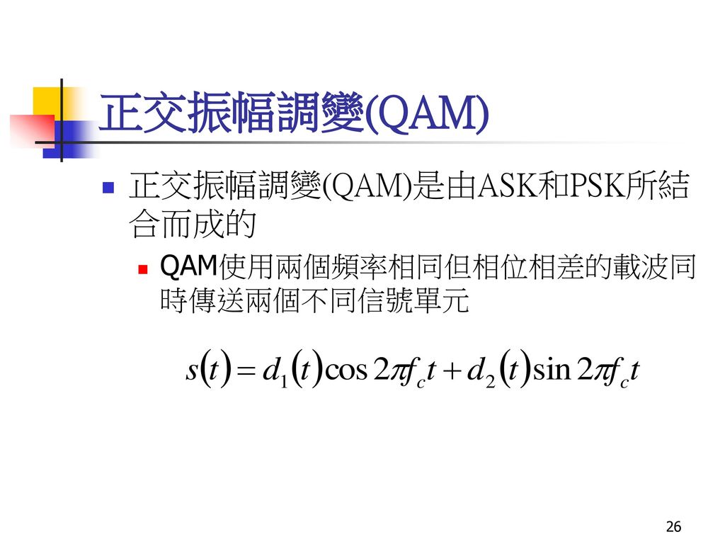 正交振幅調變(QAM) 正交振幅調變(QAM)是由ASK和PSK所結合而成的 QAM使用兩個頻率相同但相位相差的載波同時傳送兩個不同信號單元